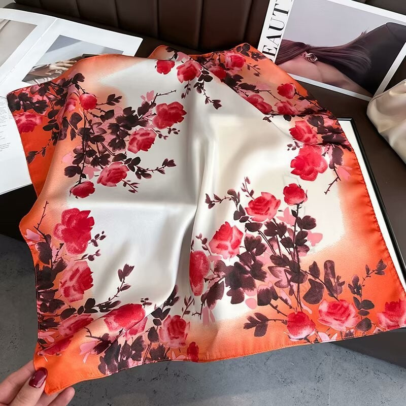 2pcs Floral Silk Feel Square Scarf Set Red & Purple Rose Neck Head Wrap 27.5"