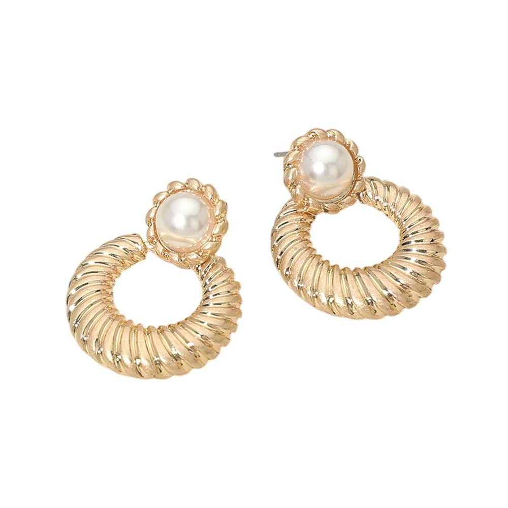 Gold Tone Ribbed Twist Hoop Earrings Faux Pearl Post Back Fashion Jewelry