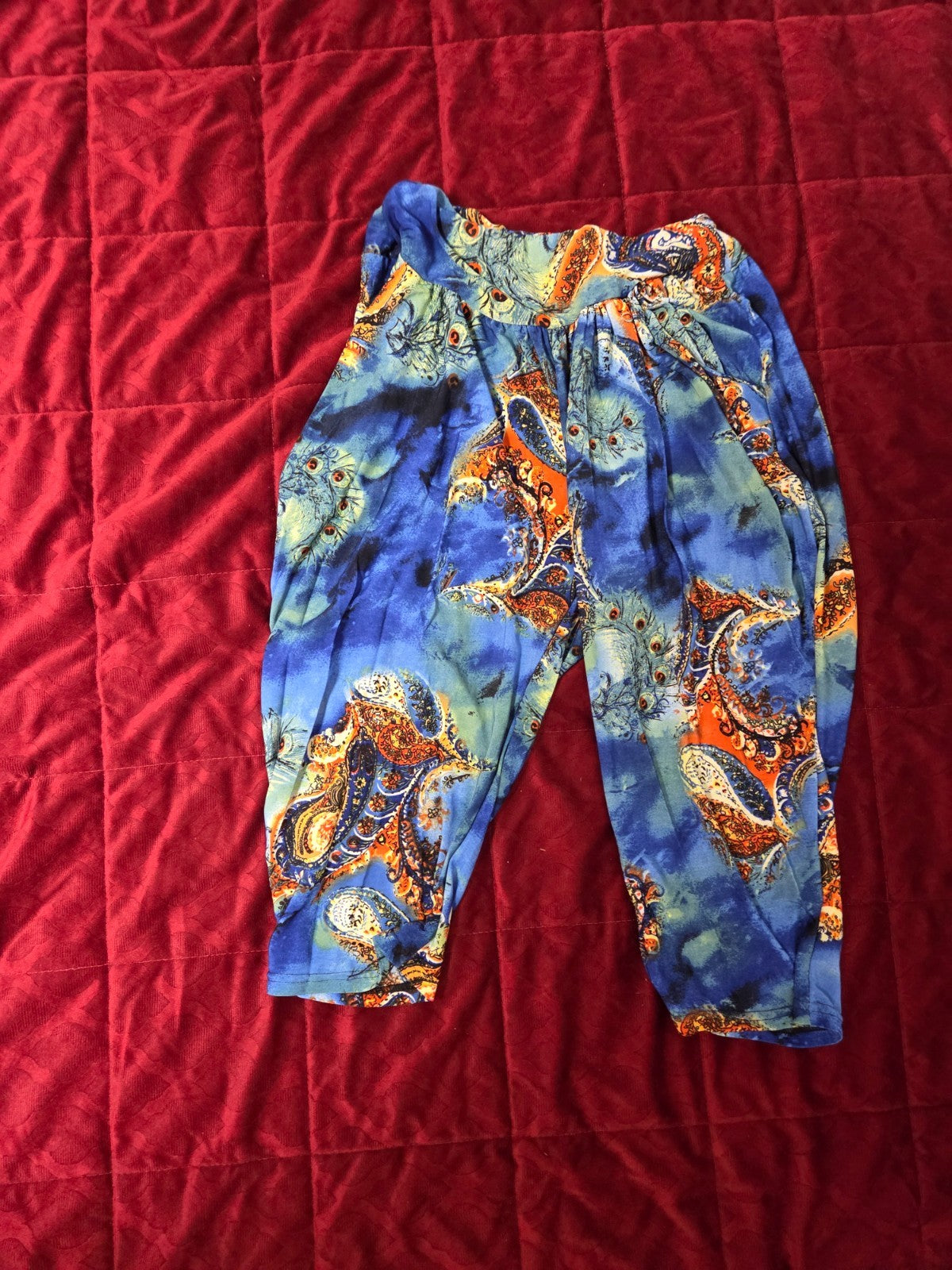 Women’s Blue Paisley Harem Shorts XL with Pockets Boho Lightweight Summer Shorts