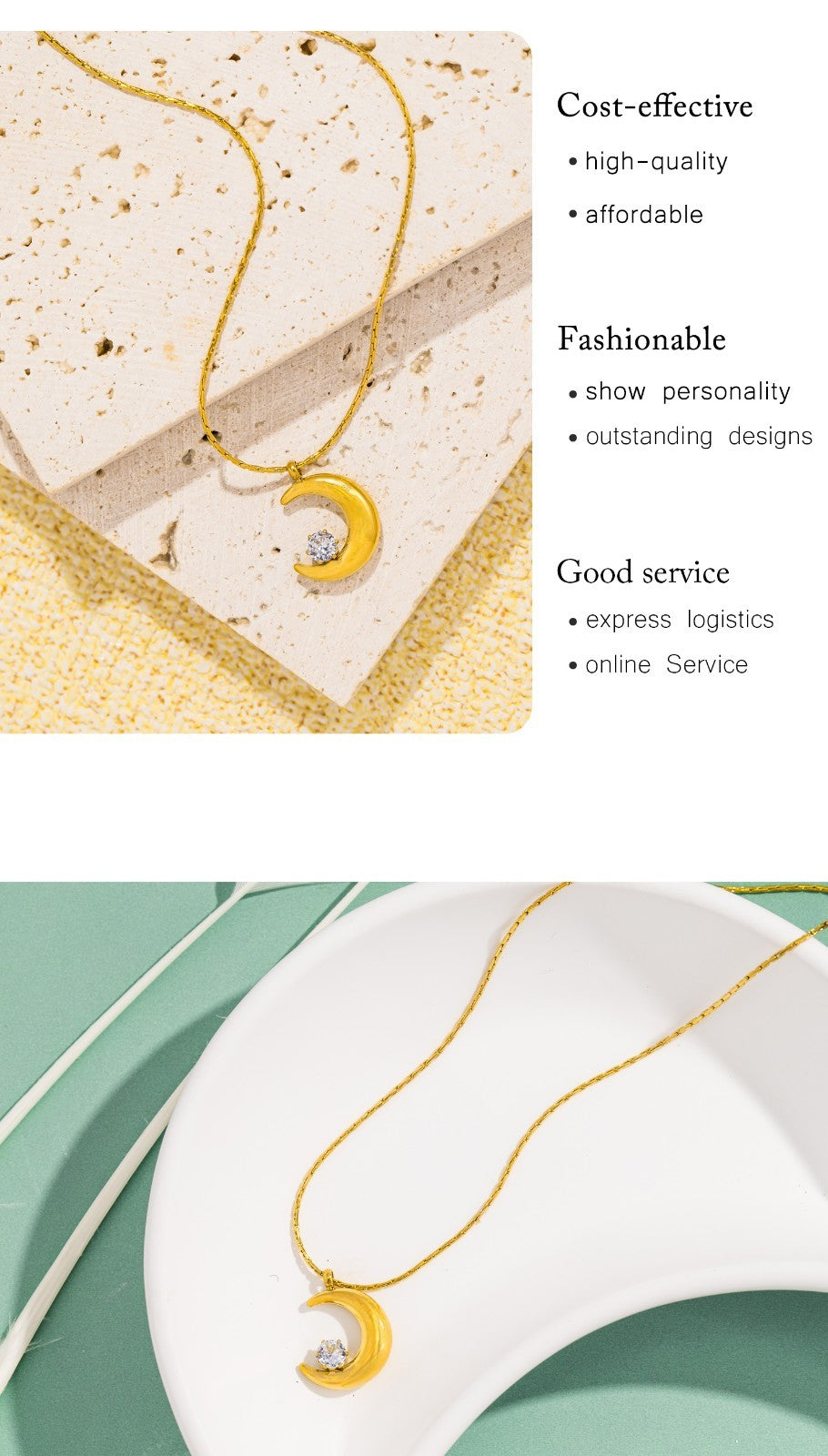 Gold  Tone Moon Pendant Necklace Women Zircon Stone Stainless Steel Jewelry