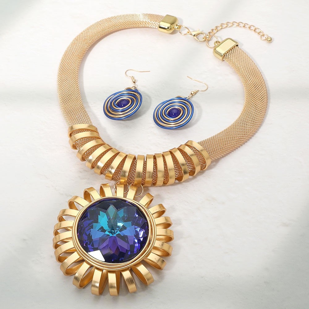 2pc Gold Mesh Collar Necklace Set Blue Crystal Pendant Swirl Drop Earrings Set
