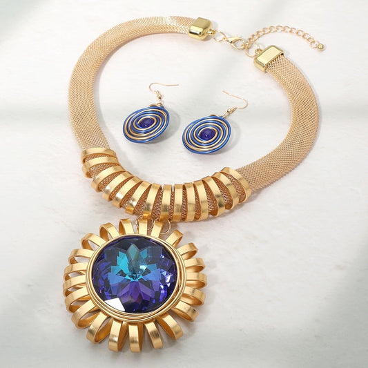 2pc Gold Mesh Collar Necklace Set Blue Crystal Pendant Swirl Drop Earrings Set