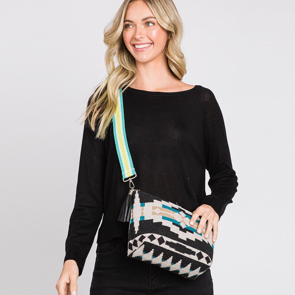 Bohemian Southwestern Pattern Crossbody Bag with Tassel Detail and Guitar Strap