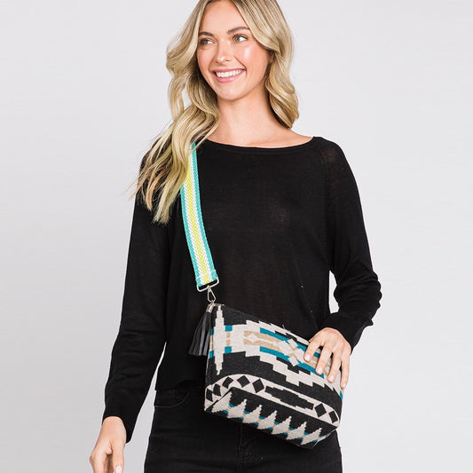 Bohemian Southwestern Pattern Crossbody Bag with Tassel Detail and Guitar Strap