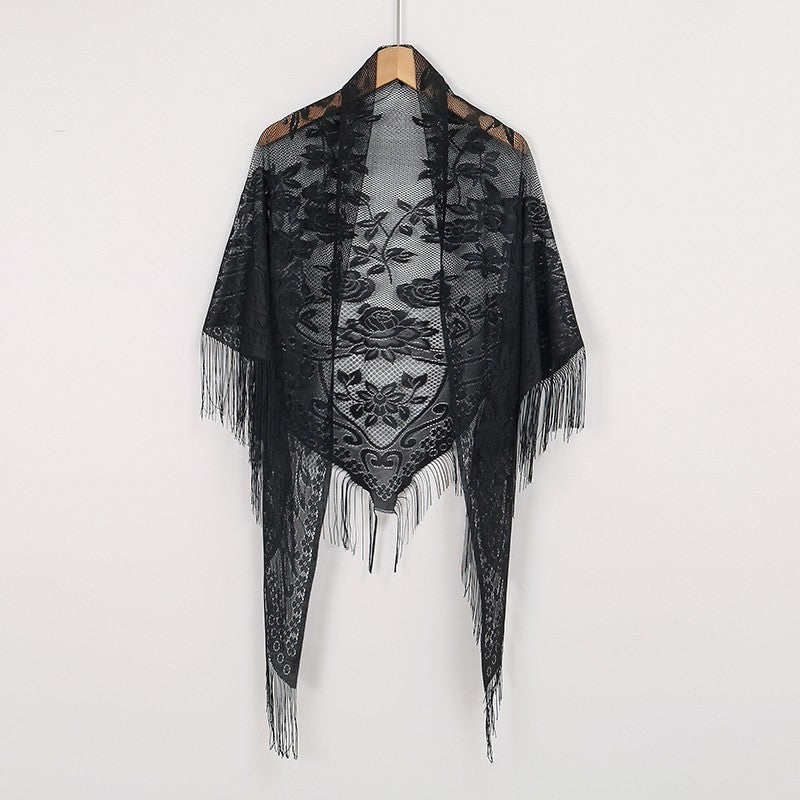 Black Floral Lace Triangle Scarf Tassel Fringe Sheer Embroidered Shawl Wrap