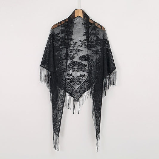 Black Floral Lace Triangle Scarf Tassel Fringe Sheer Embroidered Shawl Wrap