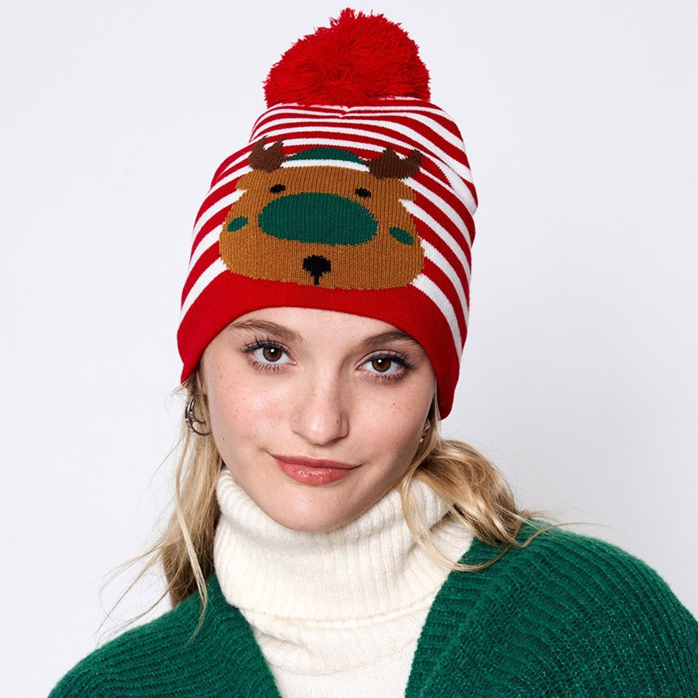 2PC Reindeer Pom Pom Hat Set Green Red Stripe Christmas Beanie Ugly Sweater