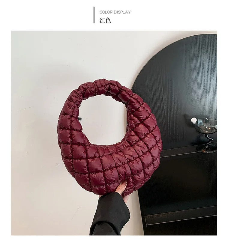Women's Burgundy Puffer Quilted Crescent Hobo Shoulder Bag Purse