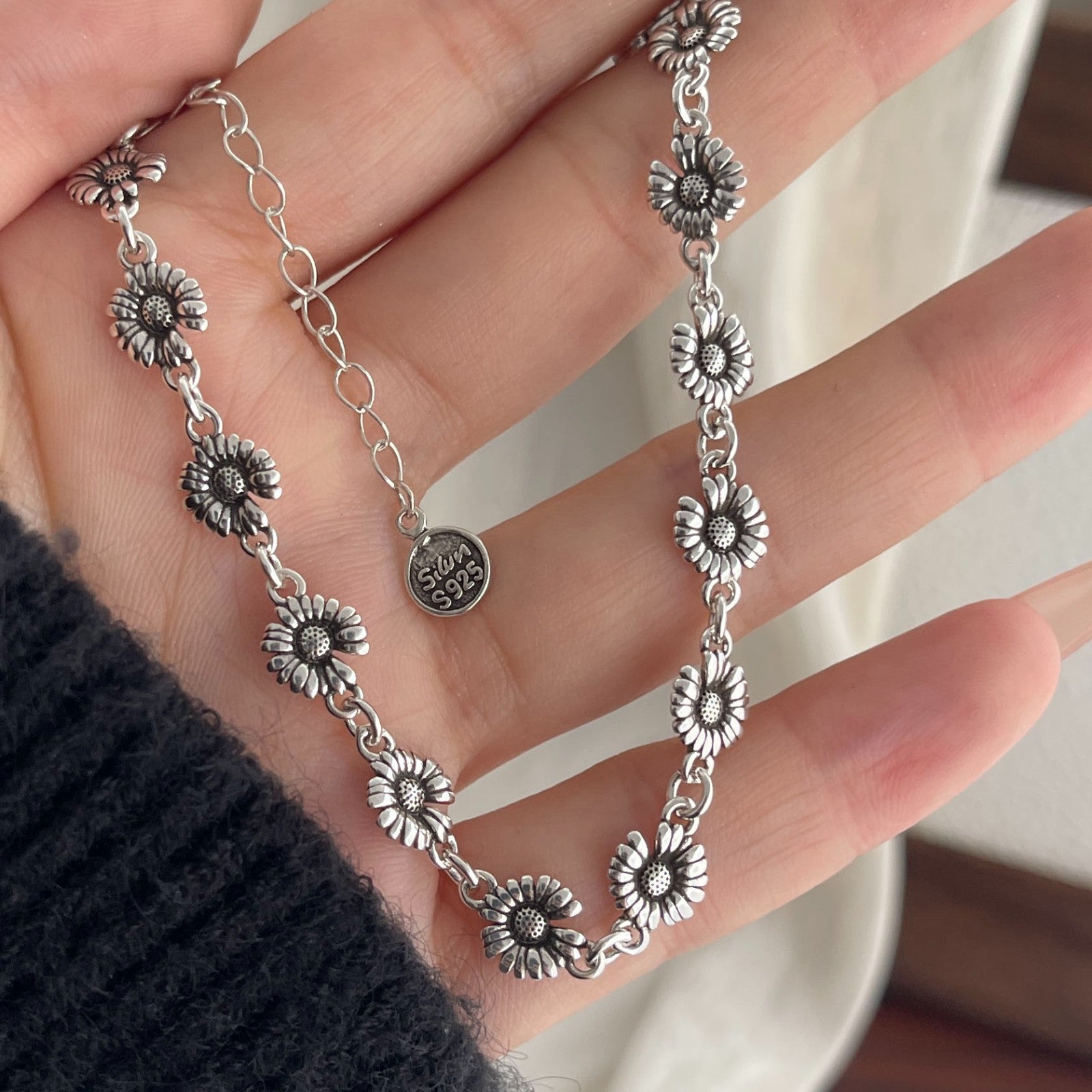 Sterling Silver Daisy Charm Bracelet S925 Women's Floral Dainty Jewelry Gift