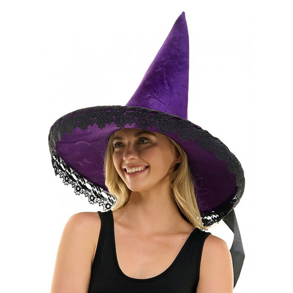 Velvet Purple Witch Hat Black Lace Trim Halloween Costume Accessory Adult
