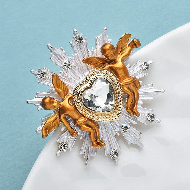 Cherub Heart Brooch Pin Rhinestone Angel Vintage-Inspired Jewelry