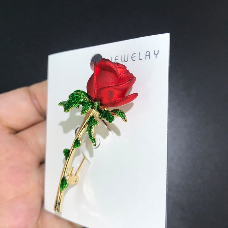 Red Rose Flower Brooch Pin Women Gold Tone Green Rhinestone Jewelry