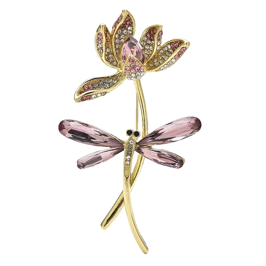 Dragonfly Flower Brooch Pink Rhinestone Gold-Tone Insect Jewelry Elegant Gift