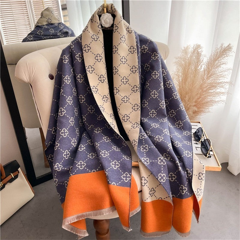 Cashmere Feel Reversible Blue Orange Clover Print Blanket Shawl Scarf