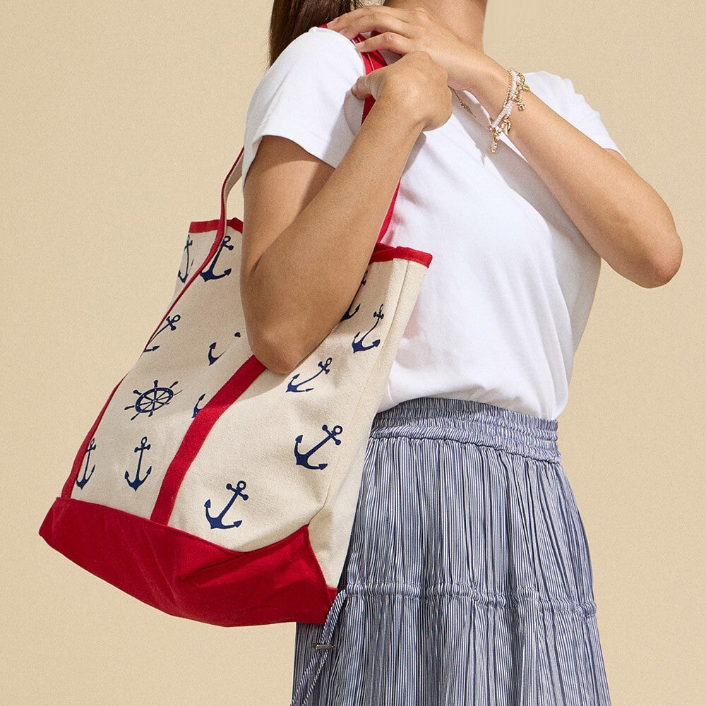 Anchor Wheel Printed Canvas Tote Bag Nautical Beach Travel Shoulder Handbag