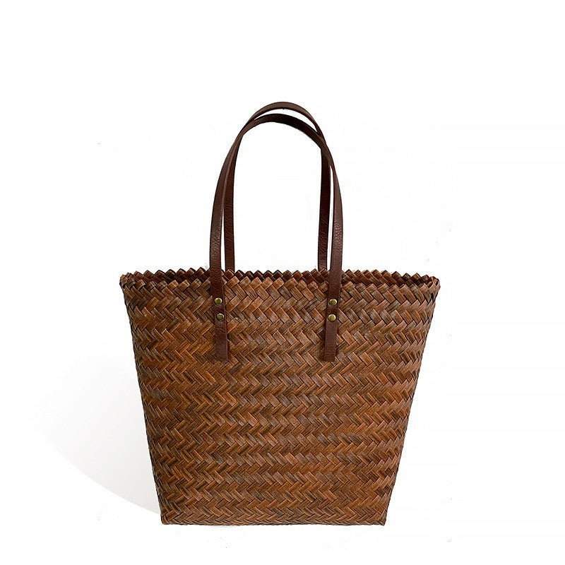 Handwoven Basket Weave Rattan Straw Tote Bag Large Capacity Brown Bags