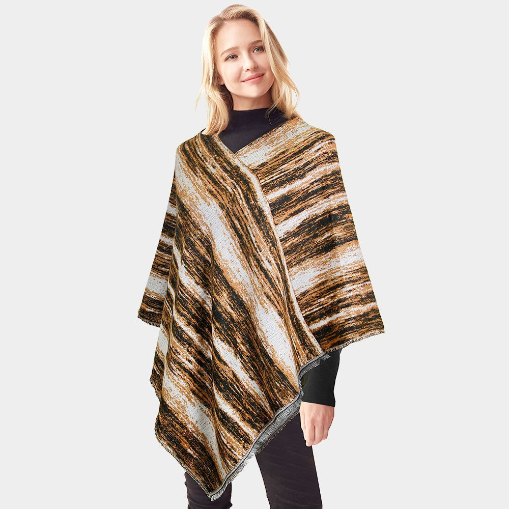 Women's Brown Black Abstract Stripe Knit Poncho Shawl Wrap Cape Fringed Hem