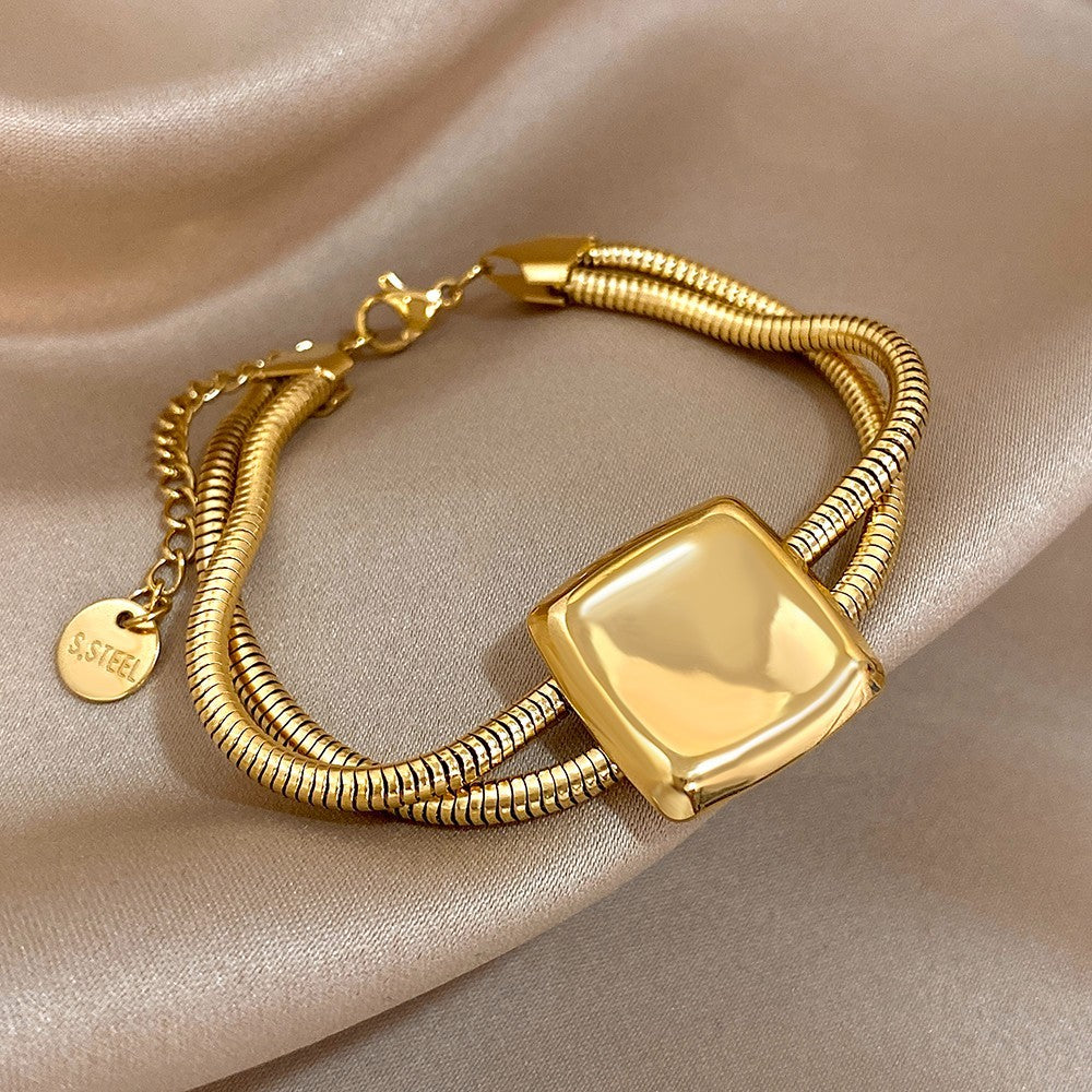 Gold Snake Bone Chain Bracelet Women Square Charm Adjustable Stainless Steel Gif