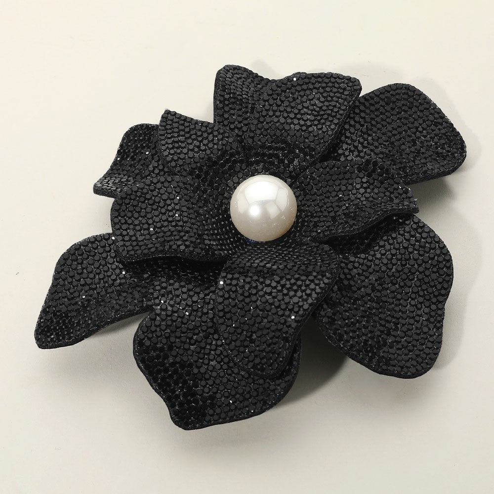 Elegant Black Rhinestone Flower Brooch with Large White Faux Pearl Statement