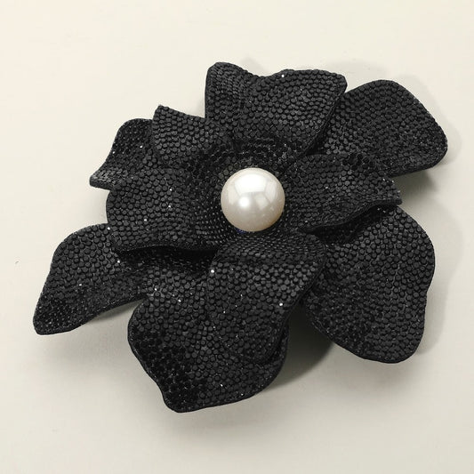 Elegant Black Rhinestone Flower Brooch with Large White Faux Pearl Statement