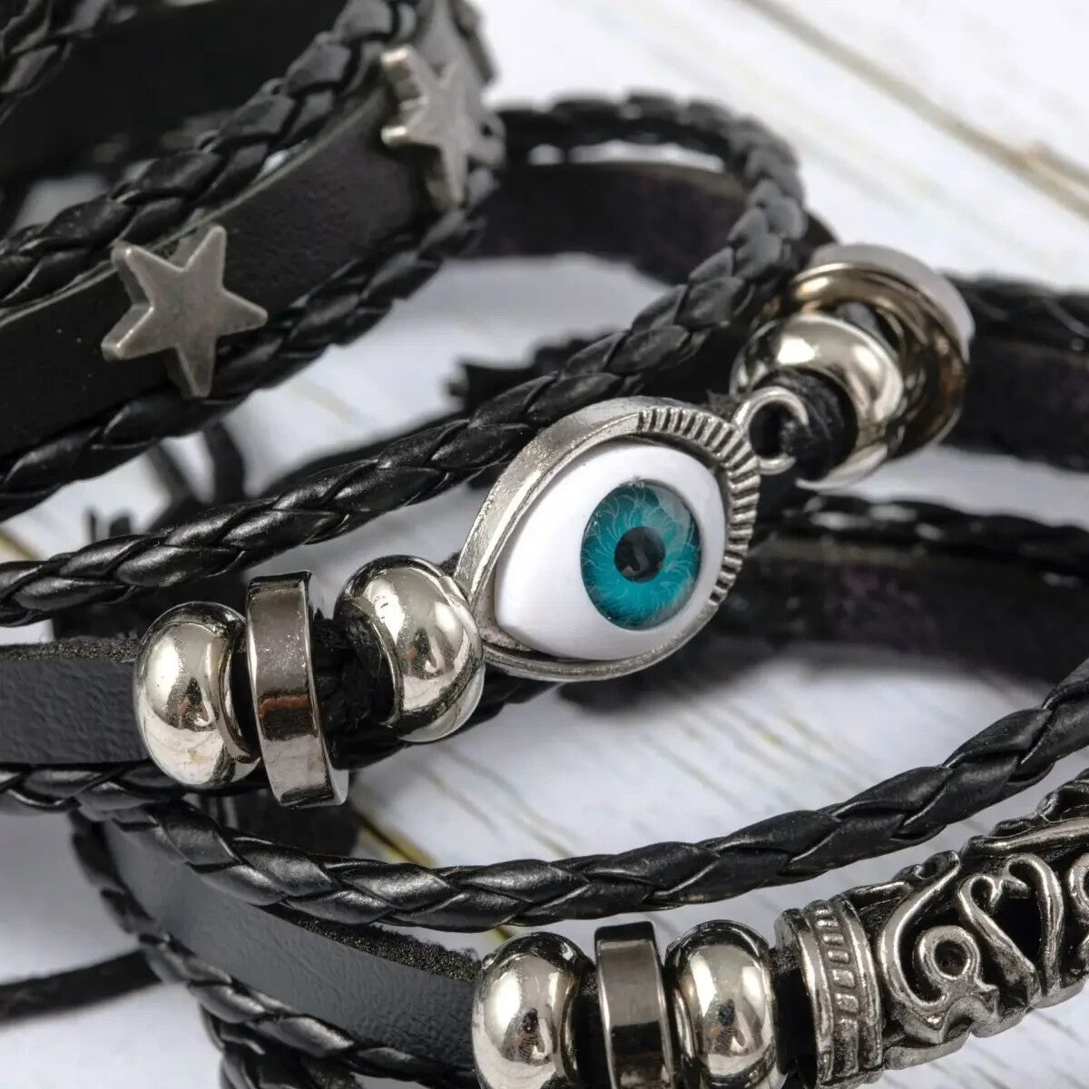 Spiritual Protection Evil Eye Bracelet Set 5pcs Stackable Faux Leather Bracelets
