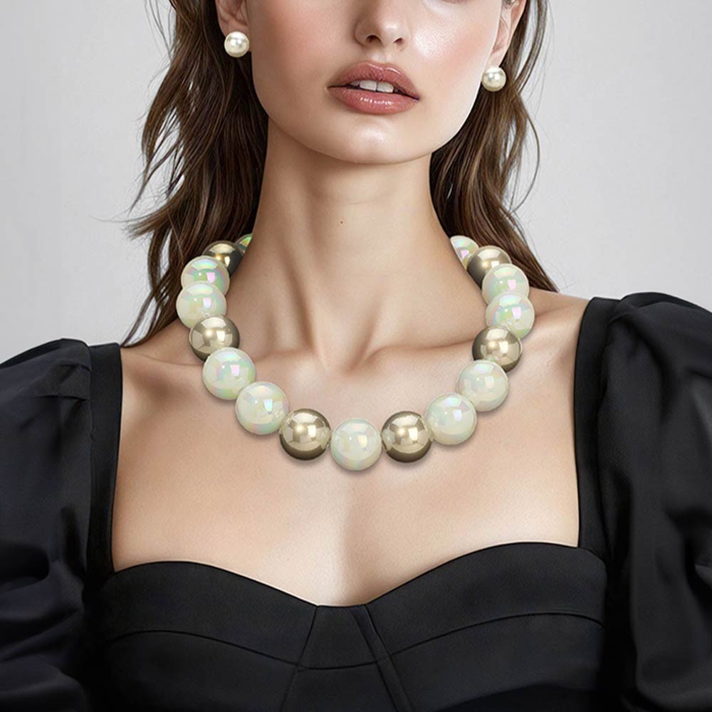 Chunky Brown White Ball Beaded Statement Necklace with Matching Stud Earrings