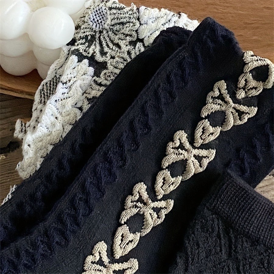 Women's 3-Pair Set Knit Lace Bow Patterned Crew Socks Vintage Black White Style