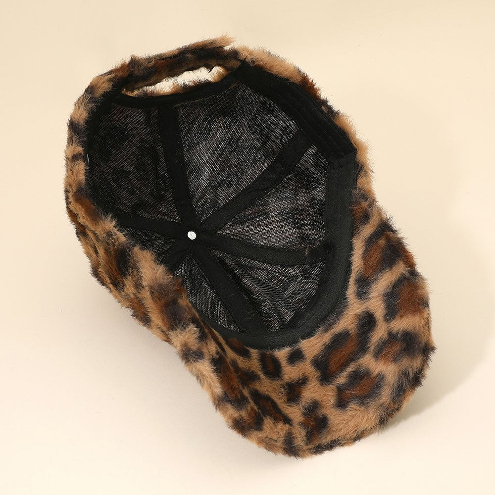 Funky Faux Fur  Beige Leopard Print Baseball Cap Adjustable Unisex Hat