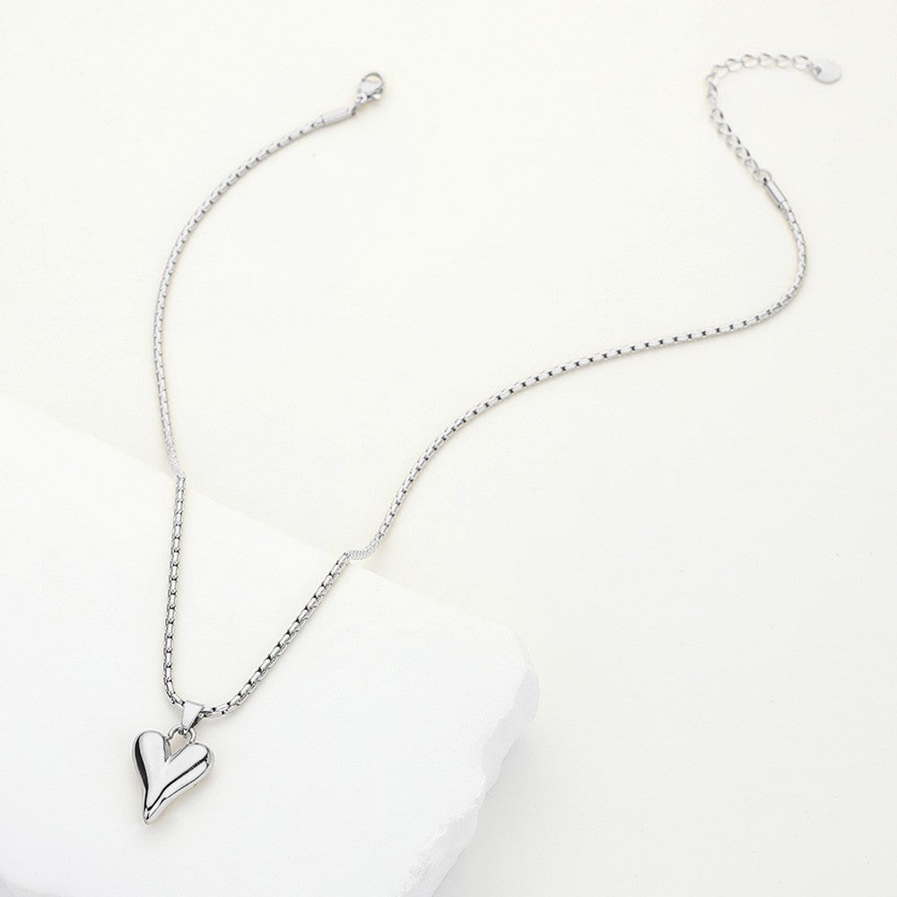 2PCS Stainless Steel Puffy Heart Necklace Set Gold & Silver Tone Women's Jewelry