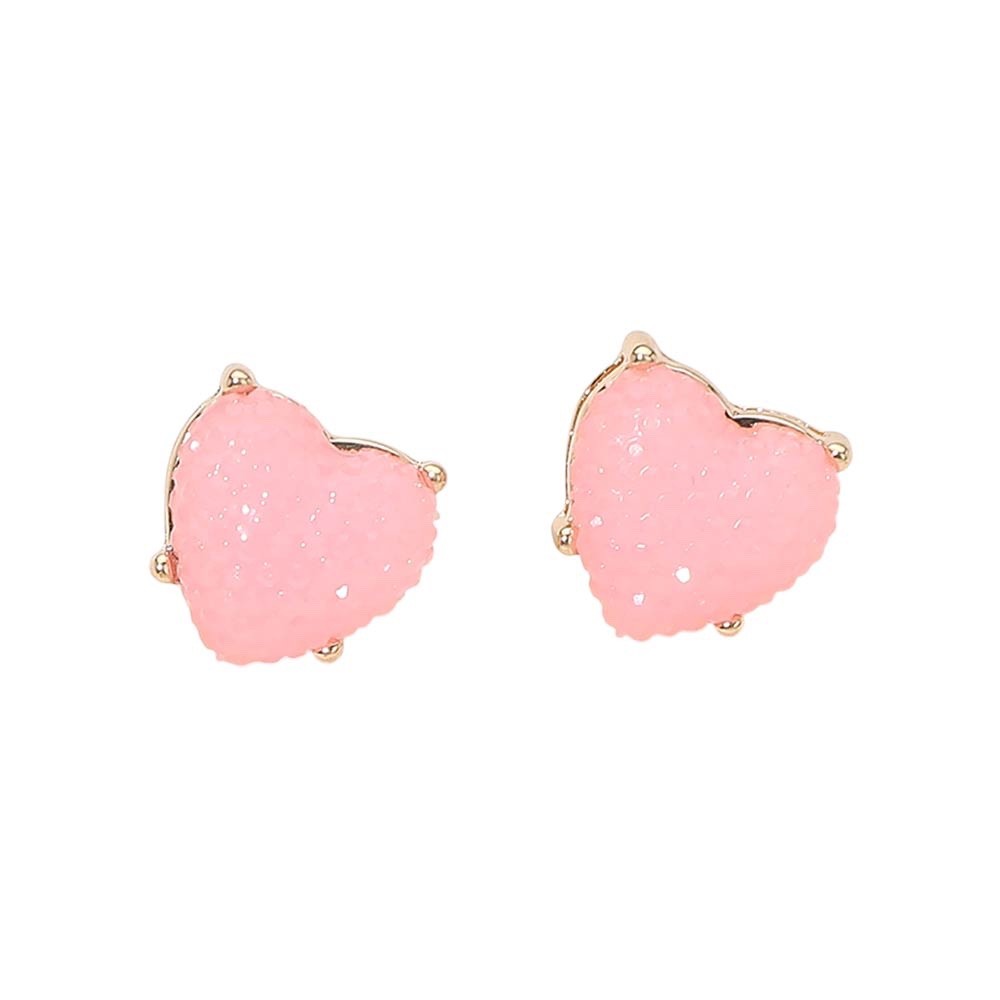 Pink Resin Druzy Heart Stud Earrings Gold Tone Romantic Sweet Jewelry Gift