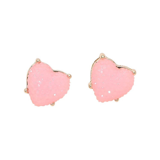 Pink Resin Druzy Heart Stud Earrings Gold Tone Romantic Sweet Jewelry Gift