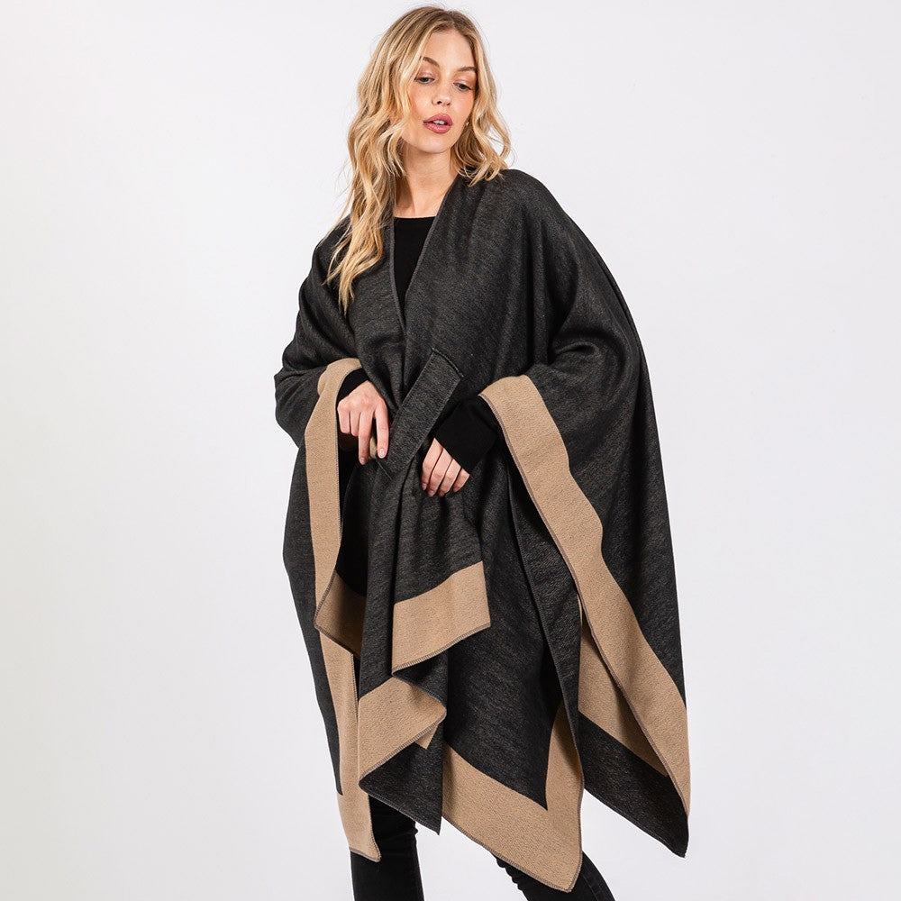 Two Tone Ruana Poncho Women Pull Through Shawl Knit Cape Wrap Cozy Layering