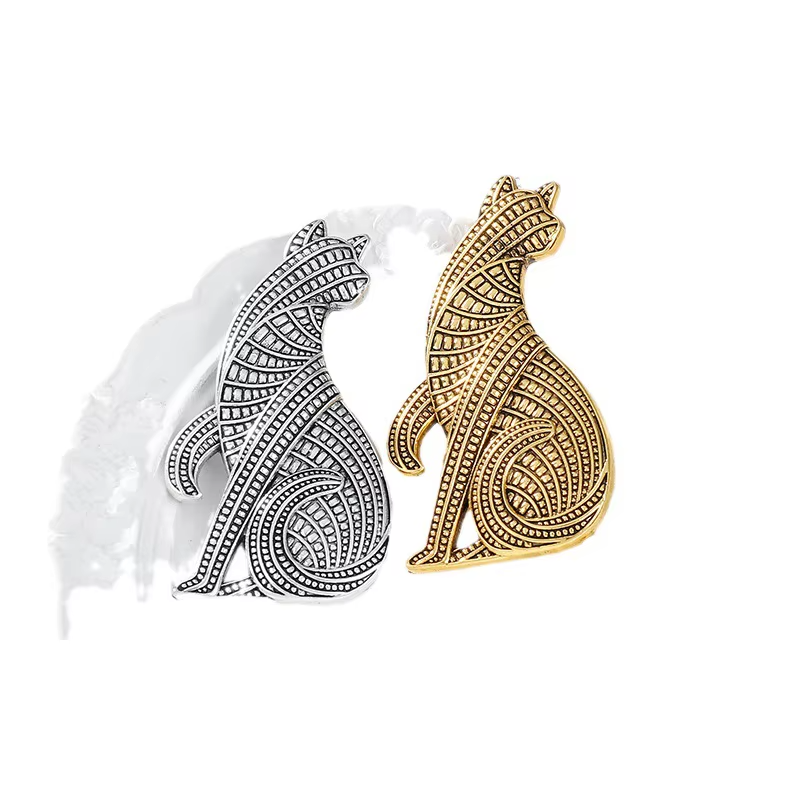 2-Pc Geometric Cat Brooch Set | Gold & Silver Tone Woven Design Pin Gift