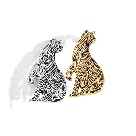 2-Pc Geometric Cat Brooch Set | Gold & Silver Tone Woven Design Pin Gift