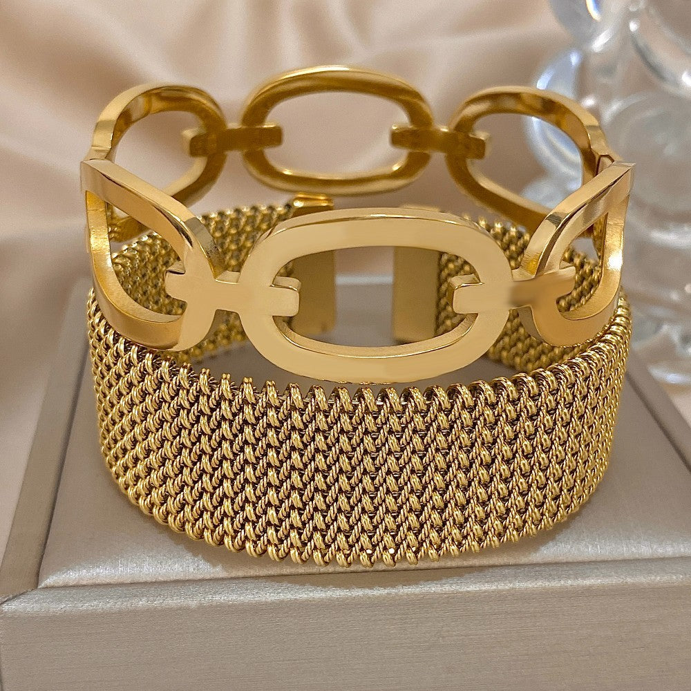 2pcs 18K Gold Plated Mesh Cuff & Chunky Oval Link Bangle Bracelet Stack Set