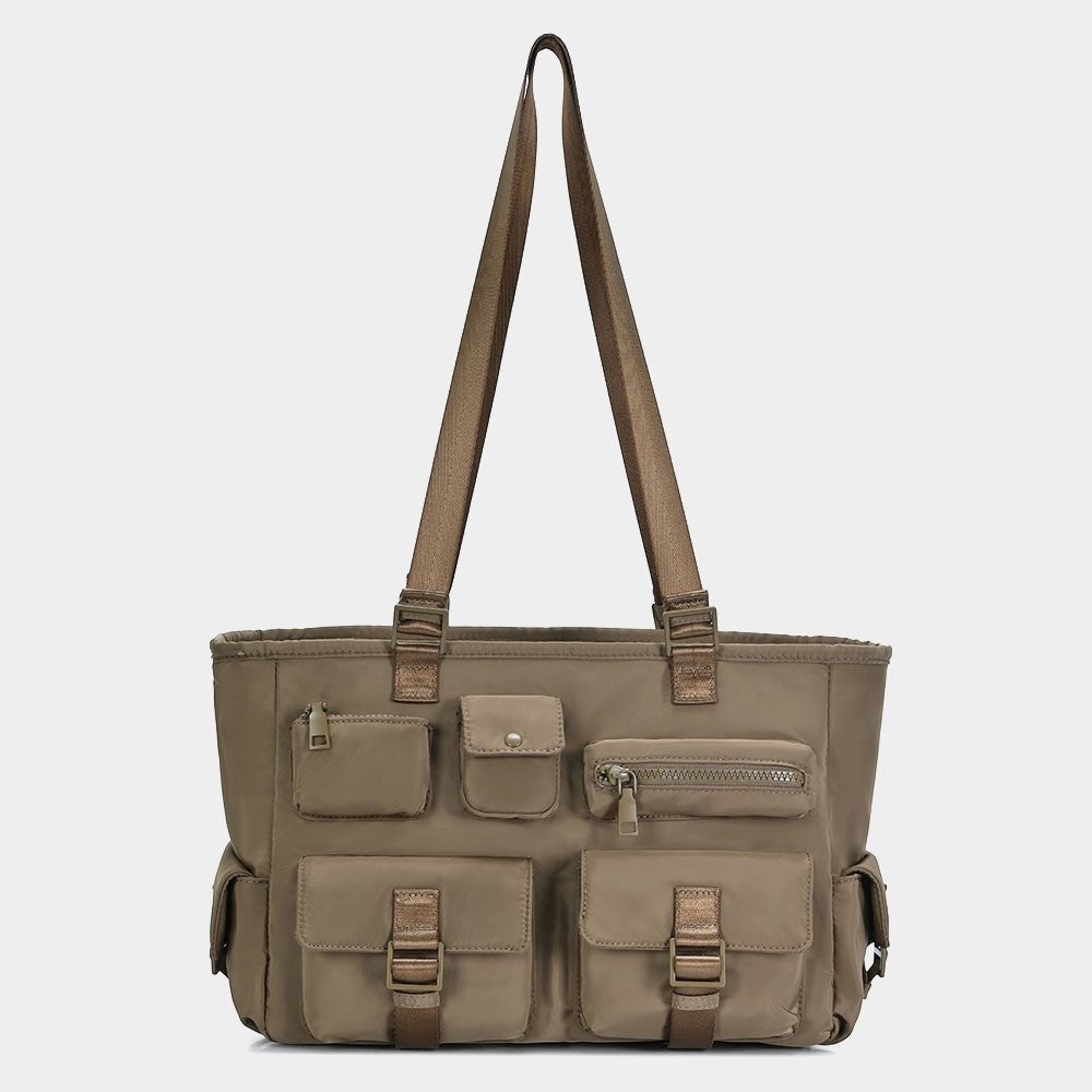 Multi Pocket Utility Tote Bag Taupe Nylon Shoulder Handbag for Travel & Work