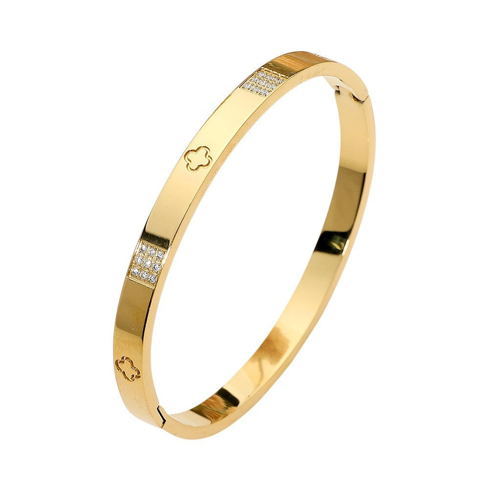 Gold Stainless Steel Hinged Bangle Bracelet Clover Cubic Zirconia Women