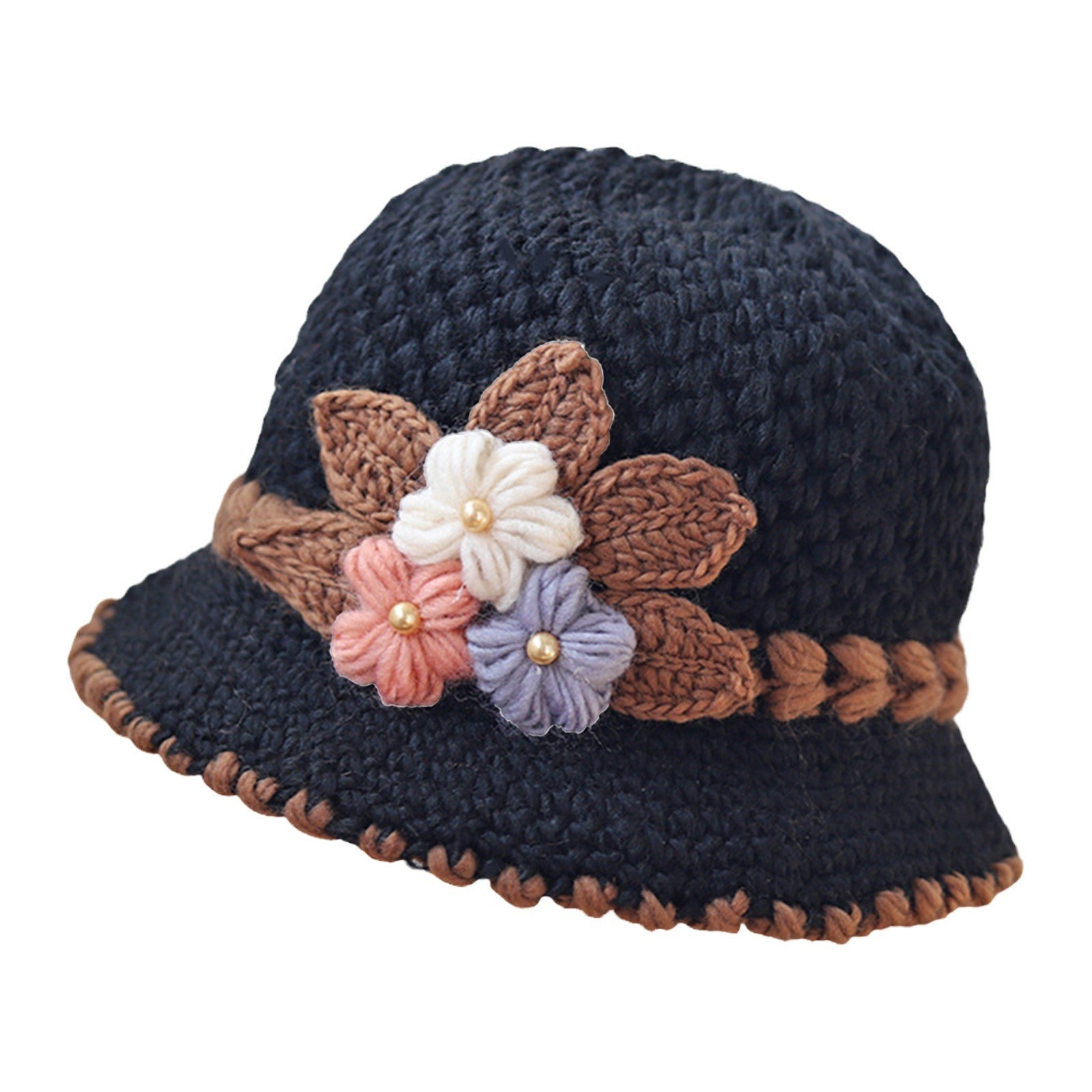 Handmade Crochet Black Cloche Hat Vintage 1920s Style Floral Accent
