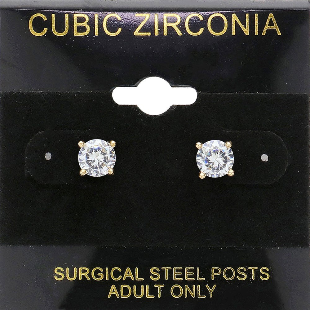Surgical Steel Posts 6mm Round CZ Cubic Zirconia Stud Earrings for Women Gold