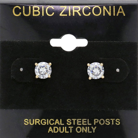 Surgical Steel Posts 6mm Round CZ Cubic Zirconia Stud Earrings for Women Gold