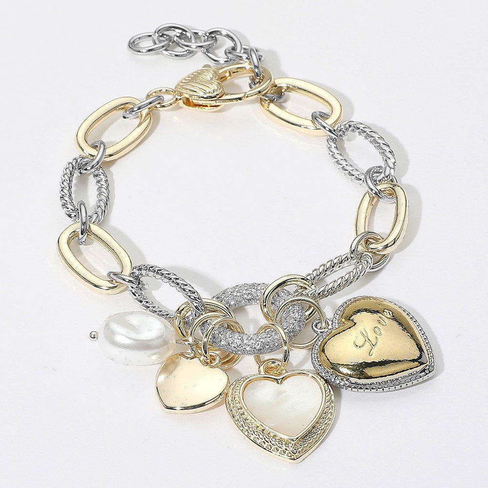 Mixed Metal Gold Silver Heart Charm Pearl Link Chain Bracelet 8" + 1.5"