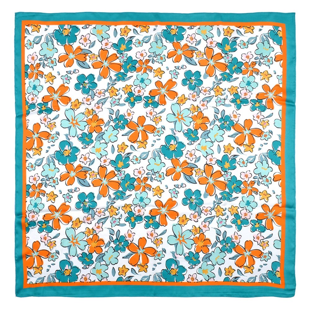 Women Floral Print Square Neck Scarf Teal Orange White Silk Feel Head Wrap