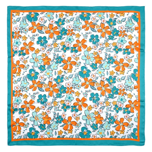 Women Floral Print Square Neck Scarf Teal Orange White Silk Feel Head Wrap