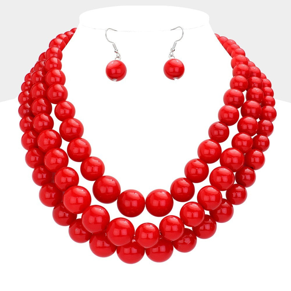 Pearl Chunky Womens Triple Strand Chain Red Classic Beaded Statement Necklace