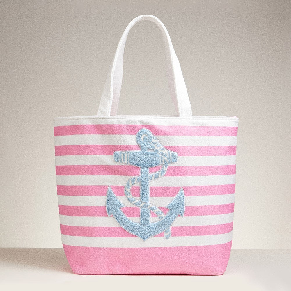 Pink and White Striped Anchor Beach Tote Bag with Rope Design for Women