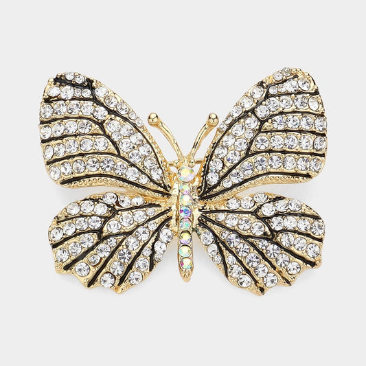 Gold Tone Pave Rhinestone Butterfly Brooch Pin Statement Jewelry - 1.75" x 1.5"