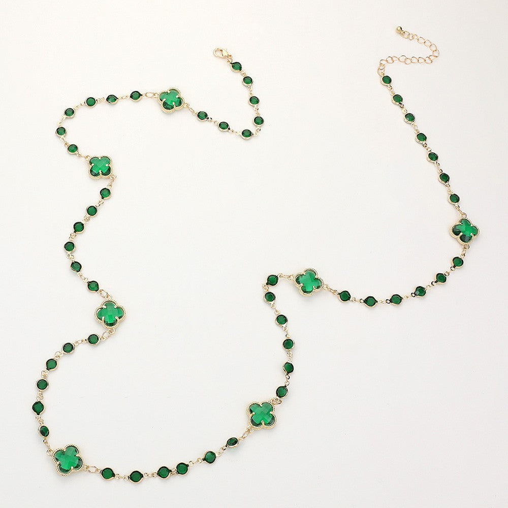 Gold Tone Long Clover Station Necklace Green Crystal Quatrefoil Designer Inspire
