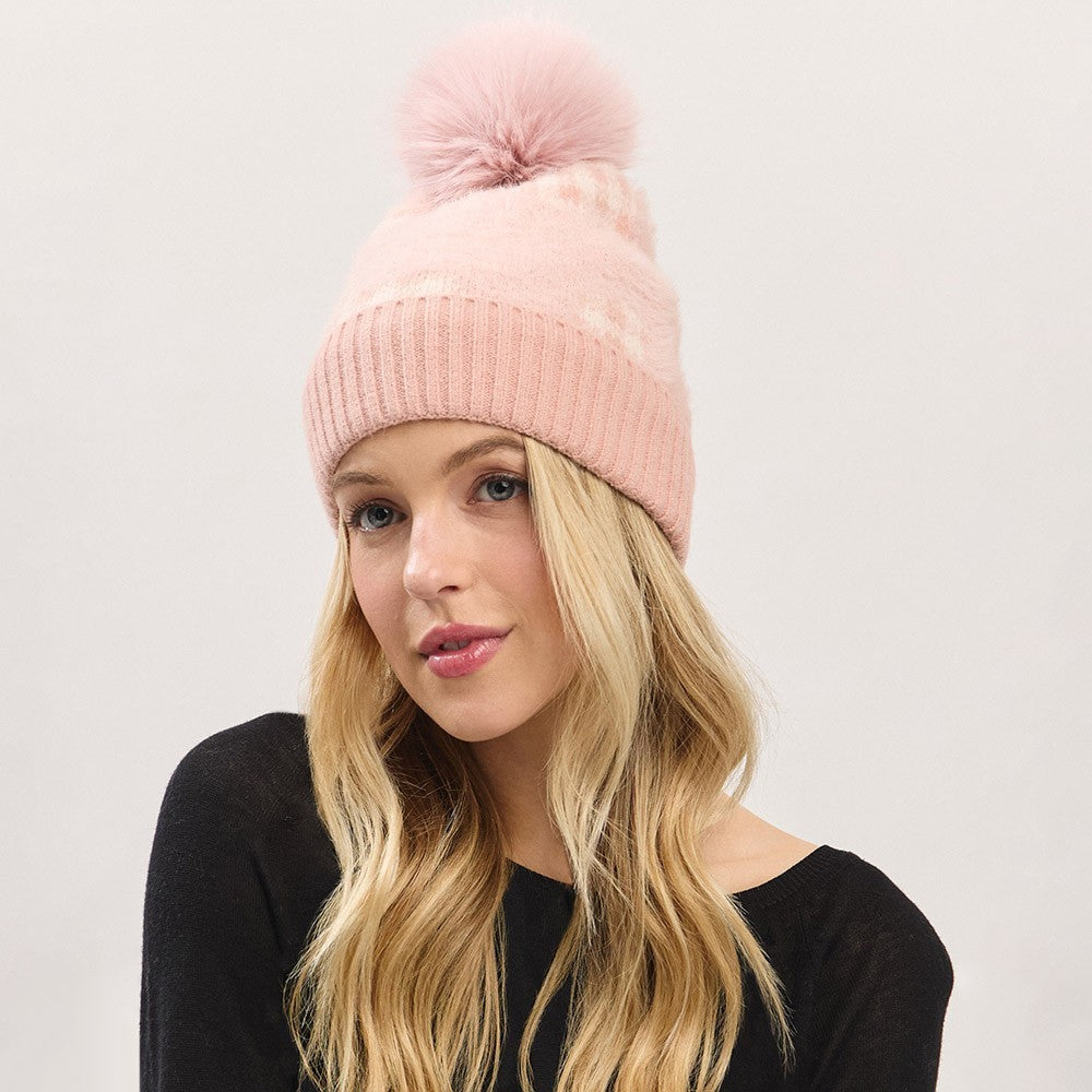 Women's Winter Beanie Hat One Size Pink Plaid Pattern Faux Fur Pom Pom Accent