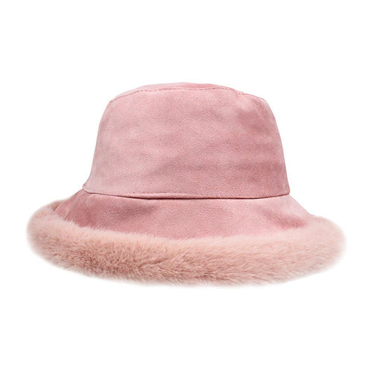 Solid Faux Suede Plush Bucket Hat Warm Winter Fashion Cap with Faux Fur Trim