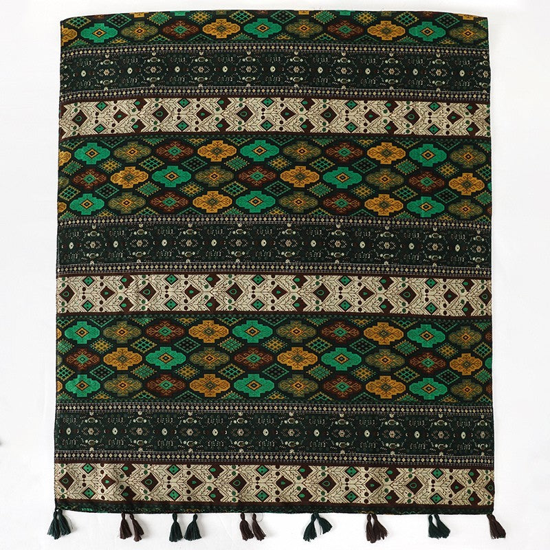 2PCS Women's Oversized Geometric Tassel Shawl Scarf Black & Green/Brown 72.8in